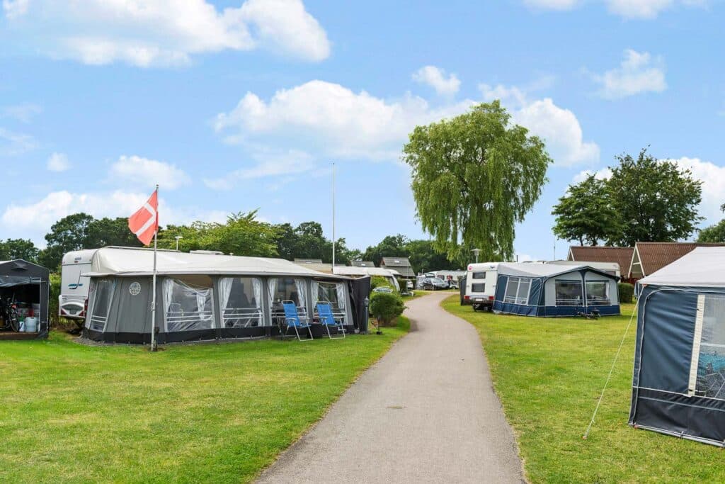 Overview of the campsite at First Camp Frigård with clearly marked camping pitches